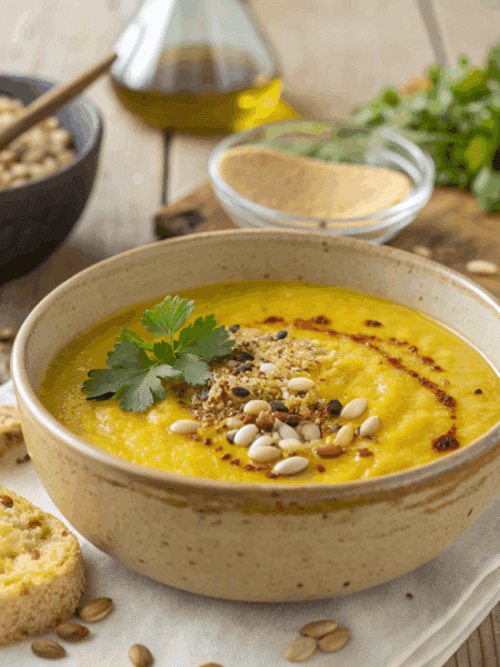 A warm bowl of Spelt Cauliflower and Turmeric Soup