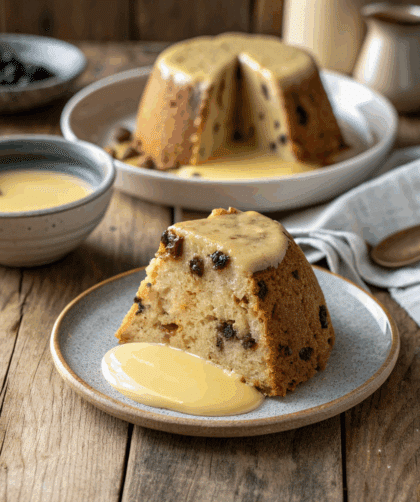 A warm slice of spelt spotted dick with visible raisins, soft crumb, and a lightly golden exterior.