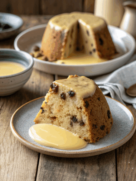 A warm slice of spelt spotted dick with visible raisins, soft crumb, and a lightly golden exterior.