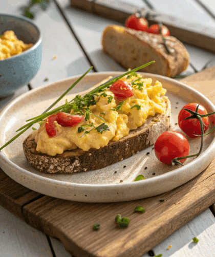 Creamy scrambled eggs on toasted spelt bread, garnished with chives and cherry tomatoes, rustic ceramic plate, wooden table