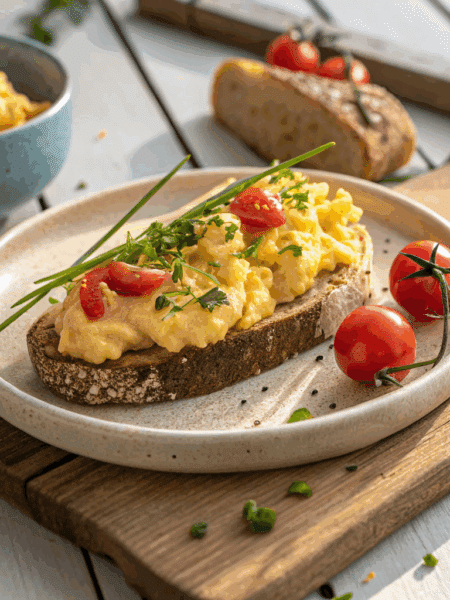 Creamy scrambled eggs on toasted spelt bread, garnished with chives and cherry tomatoes, rustic ceramic plate, wooden table