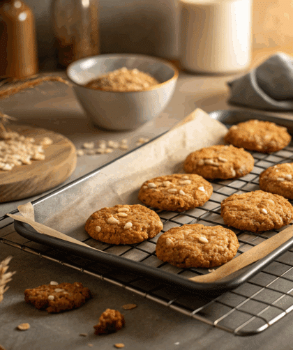 Spelt Anzac Biscuits arranged on a baking tray and a few placed on a cooling rack.
