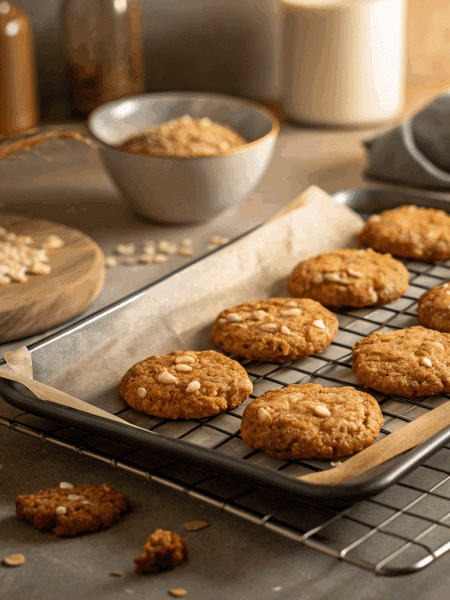 Spelt Anzac Biscuits arranged on a baking tray and a few placed on a cooling rack.