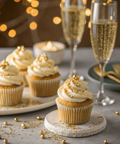 spelt champagne cupcakes topped with buttercream and gold sprinkles on a festive table with champagne glasses