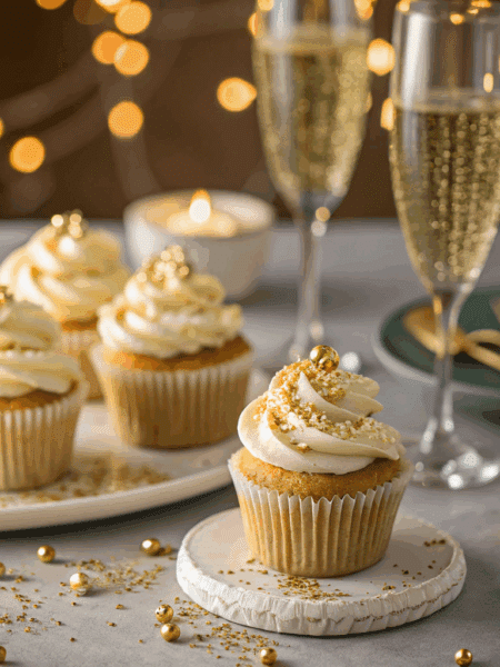 spelt champagne cupcakes topped with buttercream and gold sprinkles on a festive table with champagne glasses