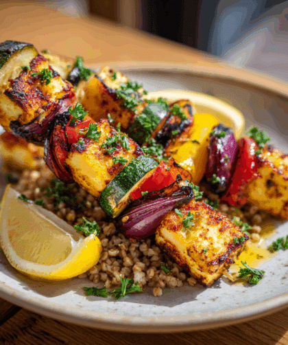 Grilled halloumi and vegetable skewers served over a bed of cooked spelt on a white ceramic plate.