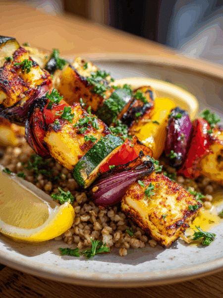 Grilled halloumi and vegetable skewers served over a bed of cooked spelt on a white ceramic plate.
