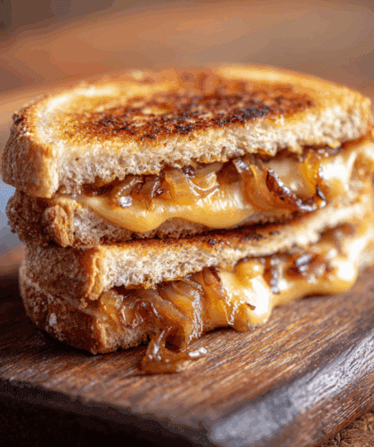 High-resolution image of a spelt grilled cheese sandwich with caramelised onions, sliced diagonally. Bread is golden and crisp.