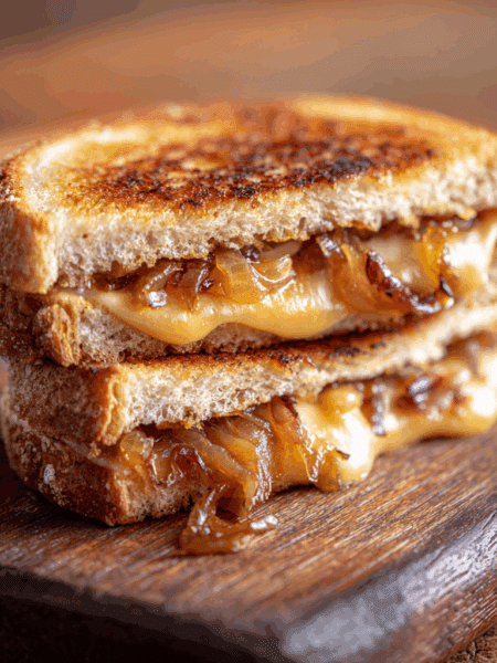 High-resolution image of a spelt grilled cheese sandwich with caramelised onions, sliced diagonally. Bread is golden and crisp.