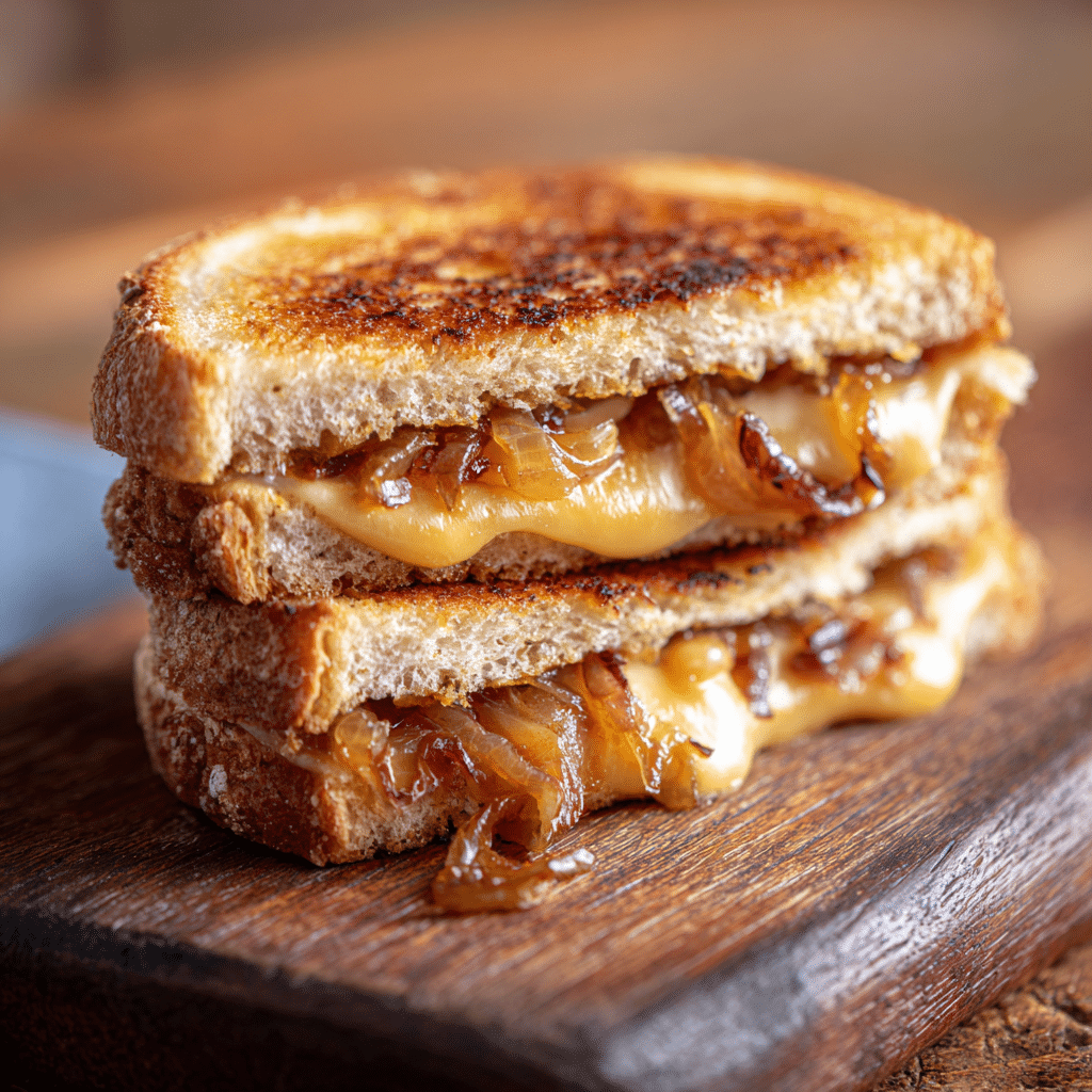High-resolution image of a spelt grilled cheese sandwich with caramelised onions, sliced diagonally. Bread is golden and crisp.