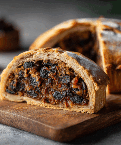 Side-angle close-up of sliced Spelt Black Bun showing spiced fruit filling and crisp spelt pastry. Slice pulled slightly forward.