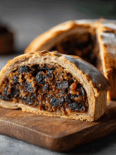 Side-angle close-up of sliced Spelt Black Bun showing spiced fruit filling and crisp spelt pastry. Slice pulled slightly forward.