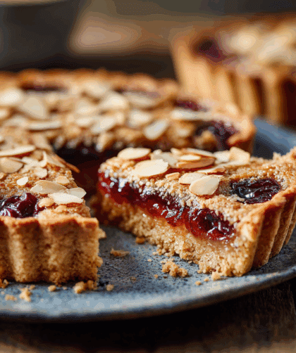 close-up side-angle image of a Spelt Cherry Bakewell Tart on a plate.