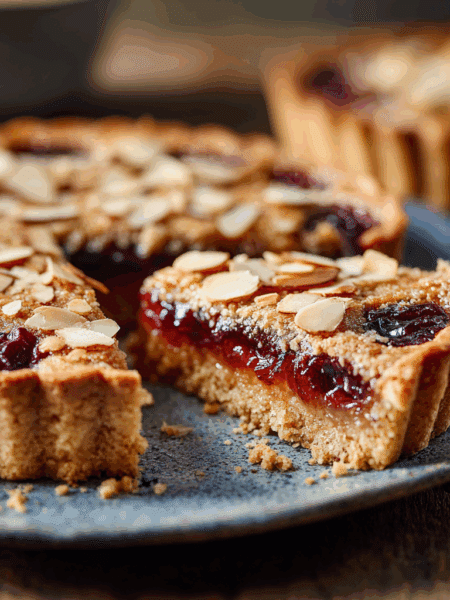 close-up side-angle image of a Spelt Cherry Bakewell Tart on a plate.