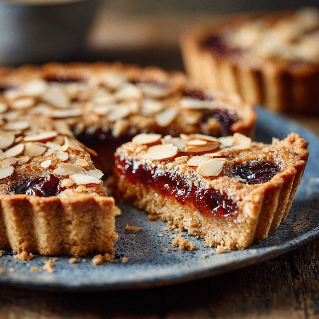 close-up side-angle image of a Spelt Cherry Bakewell Tart on a plate.