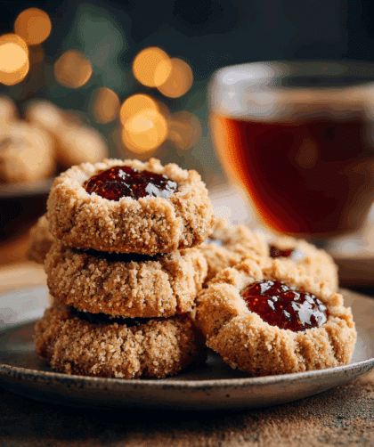 stacked Spelt Jam Thumbprint Cookies beside a cup of tea