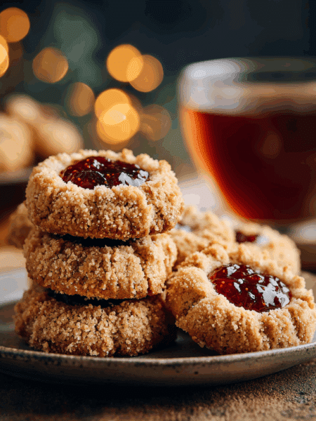 stacked Spelt Jam Thumbprint Cookies beside a cup of tea
