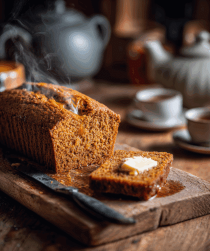 angle shot of a loaf of Spelt Golden Syrup Cake on a serving board with a slice cut and butter spread on it