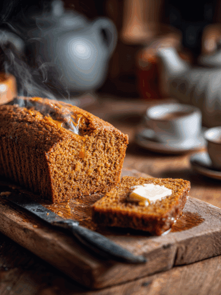 angle shot of a loaf of Spelt Golden Syrup Cake on a serving board with a slice cut and butter spread on it