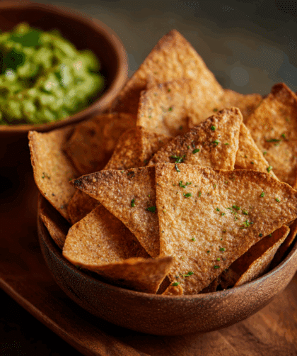 Side-angle view of baked spelt pita chips leaning in a bowl with guacamole in the background, slight blur.