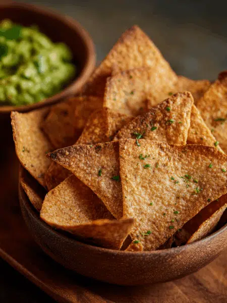 Side-angle view of baked spelt pita chips leaning in a bowl with guacamole in the background, slight blur.