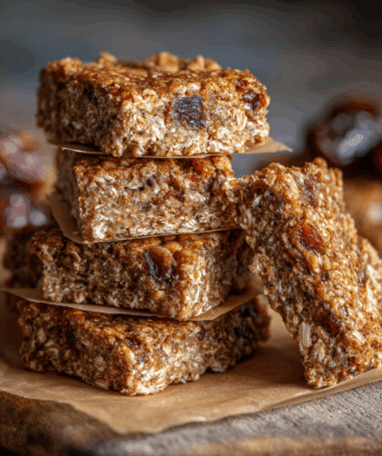 High-resolution image of six soft, chewy spelt breakfast bars with dates on a parchment-lined board. Bars show a moist, dense texture with visible oats and date pieces.