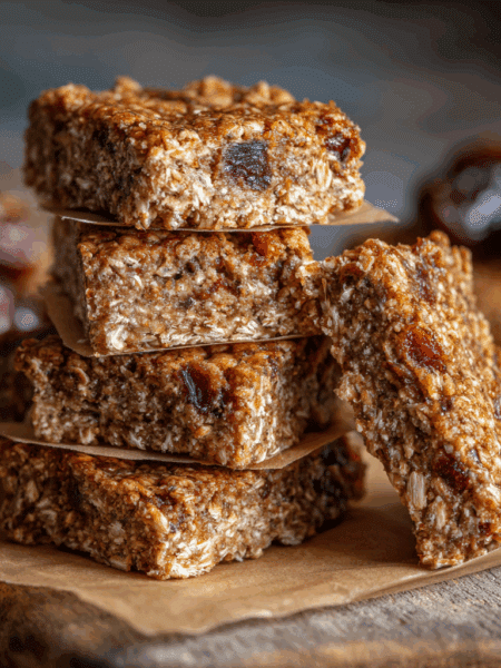 High-resolution image of six soft, chewy spelt breakfast bars with dates on a parchment-lined board. Bars show a moist, dense texture with visible oats and date pieces.