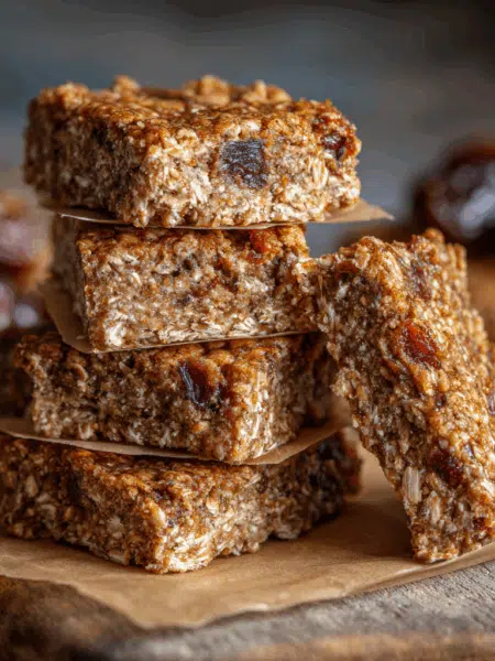 High-resolution image of six soft, chewy spelt breakfast bars with dates on a parchment-lined board. Bars show a moist, dense texture with visible oats and date pieces.