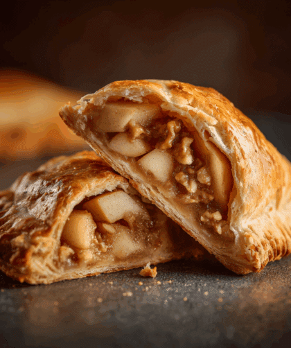 Close-up side-angle of a single spelt apple turnover broken open to show apple and walnut filling. Golden-brown pastry, warm tones, shallow depth of field, soft shadows.