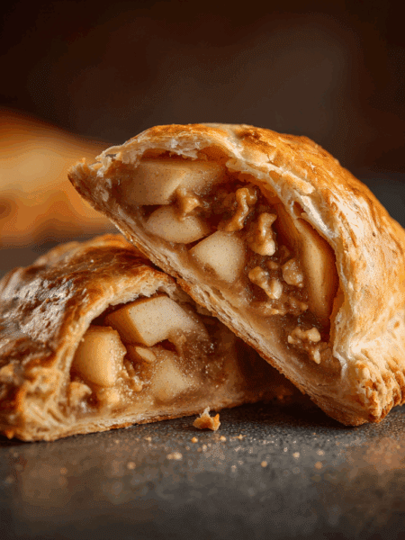 Close-up side-angle of a single spelt apple turnover broken open to show apple and walnut filling. Golden-brown pastry, warm tones, shallow depth of field, soft shadows.