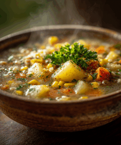 Creamy Spelt Chowder in a rustic ceramic bowl, thick broth with visible spelt grains, potatoes, carrots and corn, steam rising, garnished with fresh parsley. Warm natural window light, shallow depth of field, realistic textures.