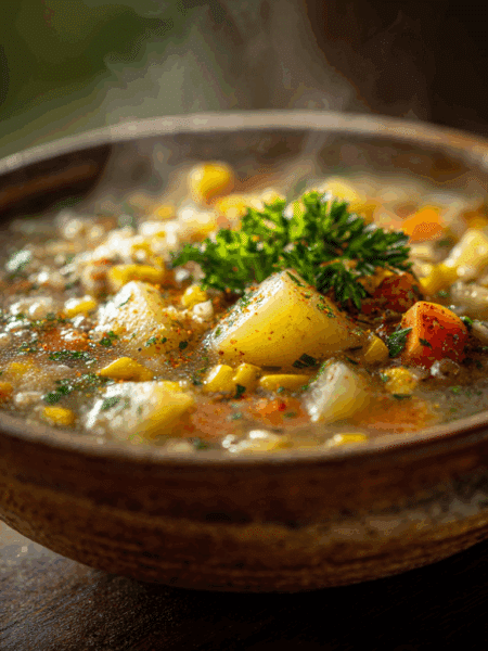Creamy Spelt Chowder in a rustic ceramic bowl, thick broth with visible spelt grains, potatoes, carrots and corn, steam rising, garnished with fresh parsley. Warm natural window light, shallow depth of field, realistic textures.