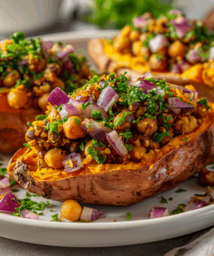 Ultra-realistic photo of Spelt and Chickpea Stuffed Sweet Potatoes on a white plate. Sweet potatoes roasted golden with filling of spelt, chickpeas, red onion, and herbs.
