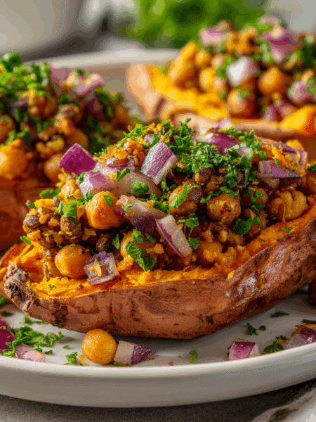 Ultra-realistic photo of Spelt and Chickpea Stuffed Sweet Potatoes on a white plate. Sweet potatoes roasted golden with filling of spelt, chickpeas, red onion, and herbs.