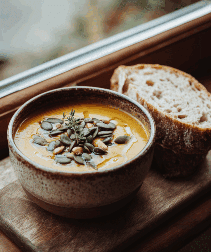 spelt butternut squash soup served in a rustic ceramic bowl on a wooden table.