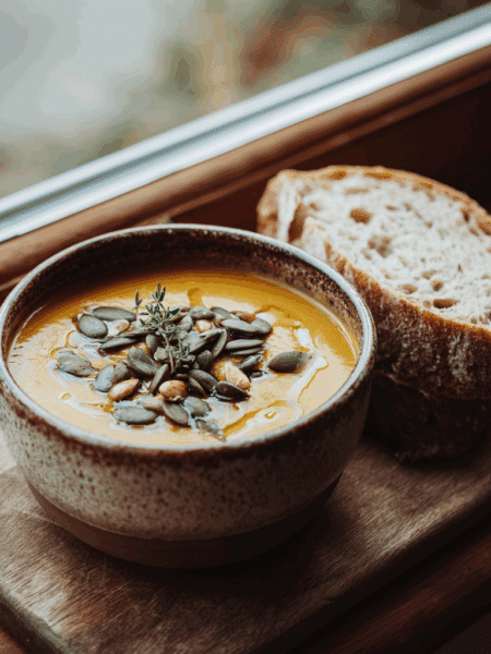 spelt butternut squash soup served in a rustic ceramic bowl on a wooden table.