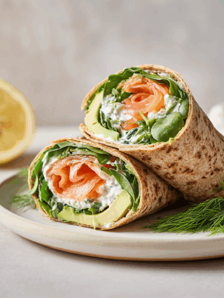 A neatly sliced spelt wrap filled with smoked salmon, avocado slices, spinach, Greek yogurt, dill, and lemon.