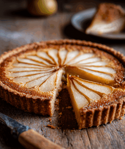 High-resolution photo of a 23cm spelt pear and frangipane tart. Crisp golden spelt pastry crust, smooth almond frangipane filling, topped with neatly fanned poached pear halves.