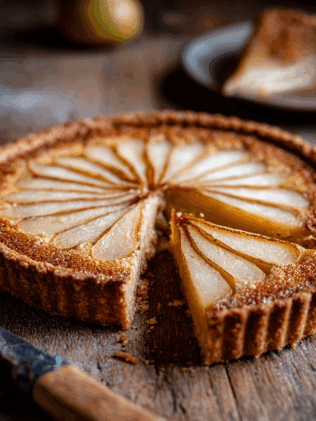 High-resolution photo of a 23cm spelt pear and frangipane tart. Crisp golden spelt pastry crust, smooth almond frangipane filling, topped with neatly fanned poached pear halves.