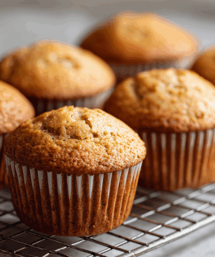 Ultra-realistic close-up of six Spelt Ginger Beer Muffins on a cooling rack. Golden tops, light crumb, subtle ginger flecks.