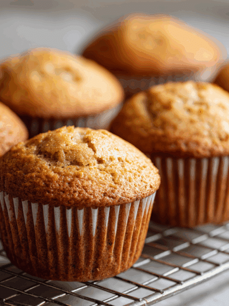 Ultra-realistic close-up of six Spelt Ginger Beer Muffins on a cooling rack. Golden tops, light crumb, subtle ginger flecks.