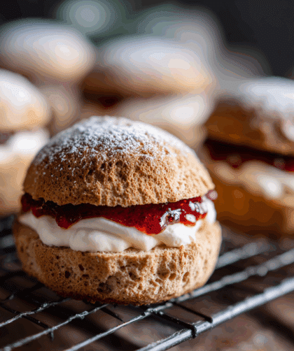 Close-up side angle of Spelt Devonshire Splits on a cooling rack. Buns opened to reveal jam and whipped cream with a soft crumb texture.
