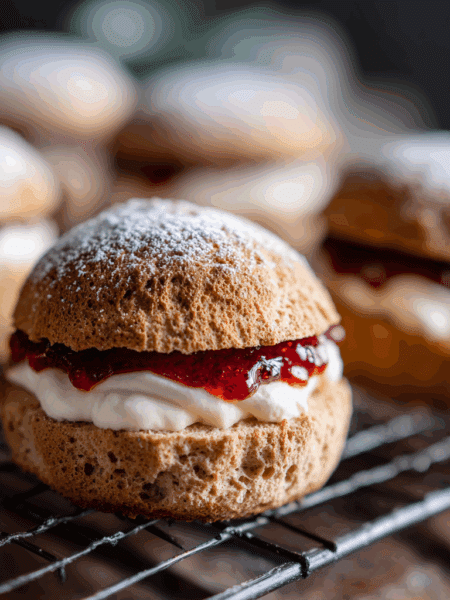 Close-up side angle of Spelt Devonshire Splits on a cooling rack. Buns opened to reveal jam and whipped cream with a soft crumb texture.