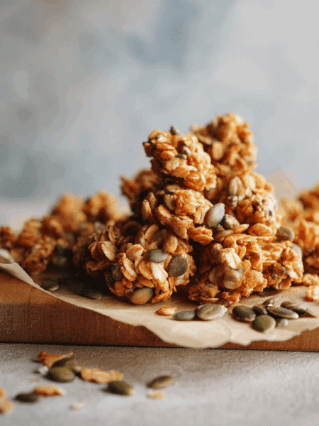 Golden spelt granola clusters arranged on a parchment-lined board. Crisp, irregular clusters with visible nuts, spelt flakes, and pumpkin seeds.
