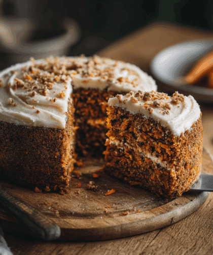 Side-angle shot of a sliced 20cm vegan spelt carrot cake showing interior texture. One slice slightly pulled out.