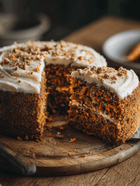 Side-angle shot of a sliced 20cm vegan spelt carrot cake showing interior texture. One slice slightly pulled out.