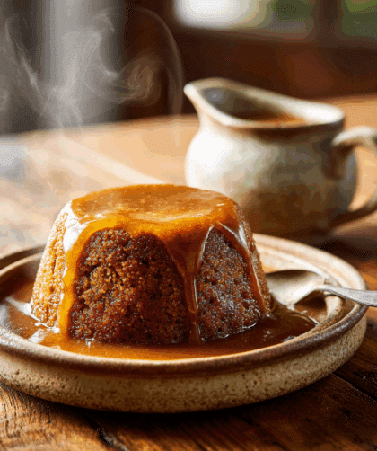 A warm Spelt Sticky Ginger Pudding in a rustic ceramic baking dish, golden-brown top soaked with glossy ginger sauce, slight shine, steam rising, served on a wooden table with a small jug of extra sauce on the side.