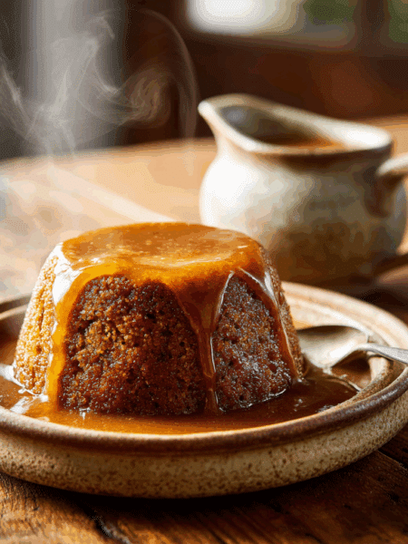 A warm Spelt Sticky Ginger Pudding in a rustic ceramic baking dish, golden-brown top soaked with glossy ginger sauce, slight shine, steam rising, served on a wooden table with a small jug of extra sauce on the side.