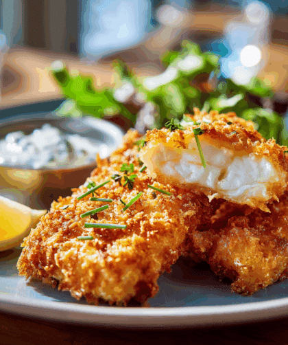 Close-up side-angle of golden Spelt Ale-Battered Fish fillet, crispy texture visible. Lemon wedge on side, tartar sauce small dish in background.