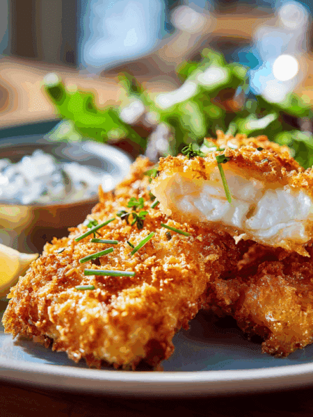 Close-up side-angle of golden Spelt Ale-Battered Fish fillet, crispy texture visible. Lemon wedge on side, tartar sauce small dish in background.
